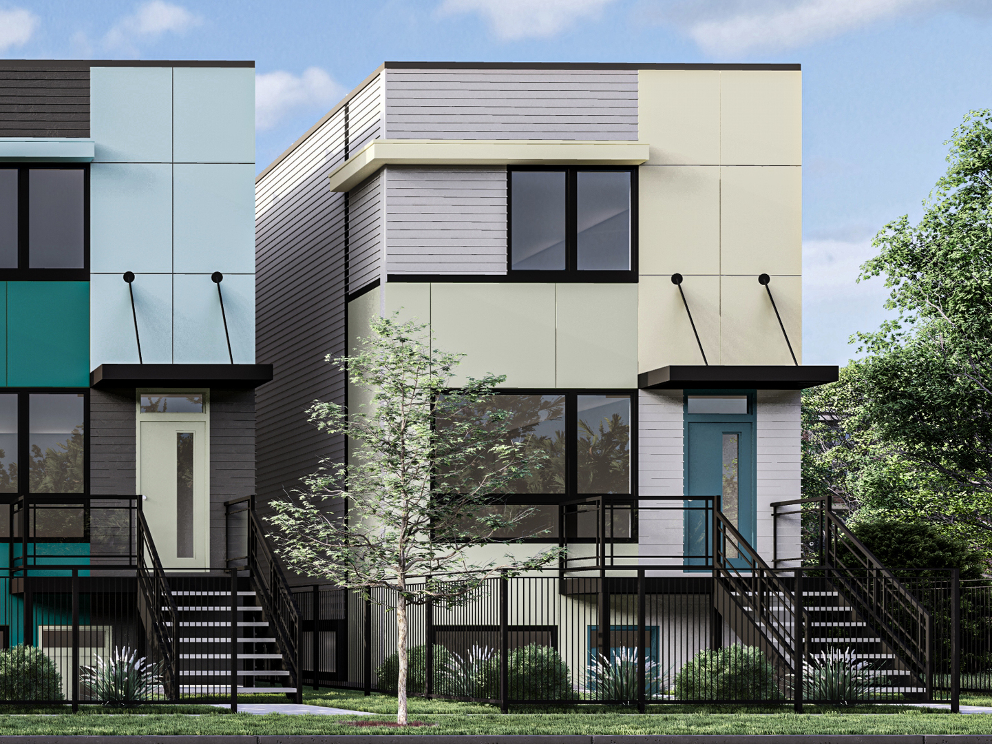 a front view of a building with a garden