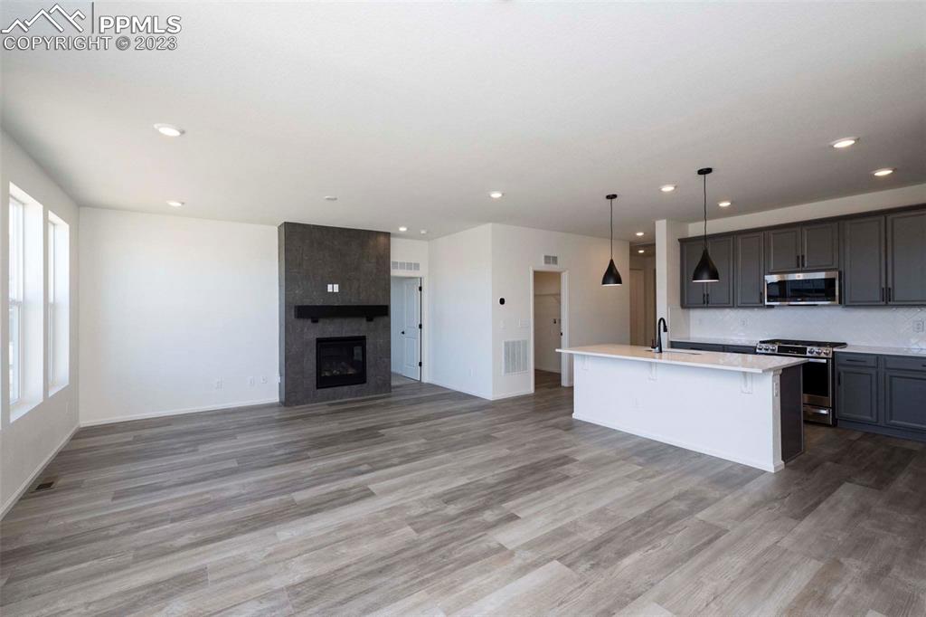 2045 Peachleaf Loop Castle Rock, CO 80108 - Photo 13 of 21 a large kitchen with kitchen island a sink dishwasher a stove and a refrigerator with wooden floor