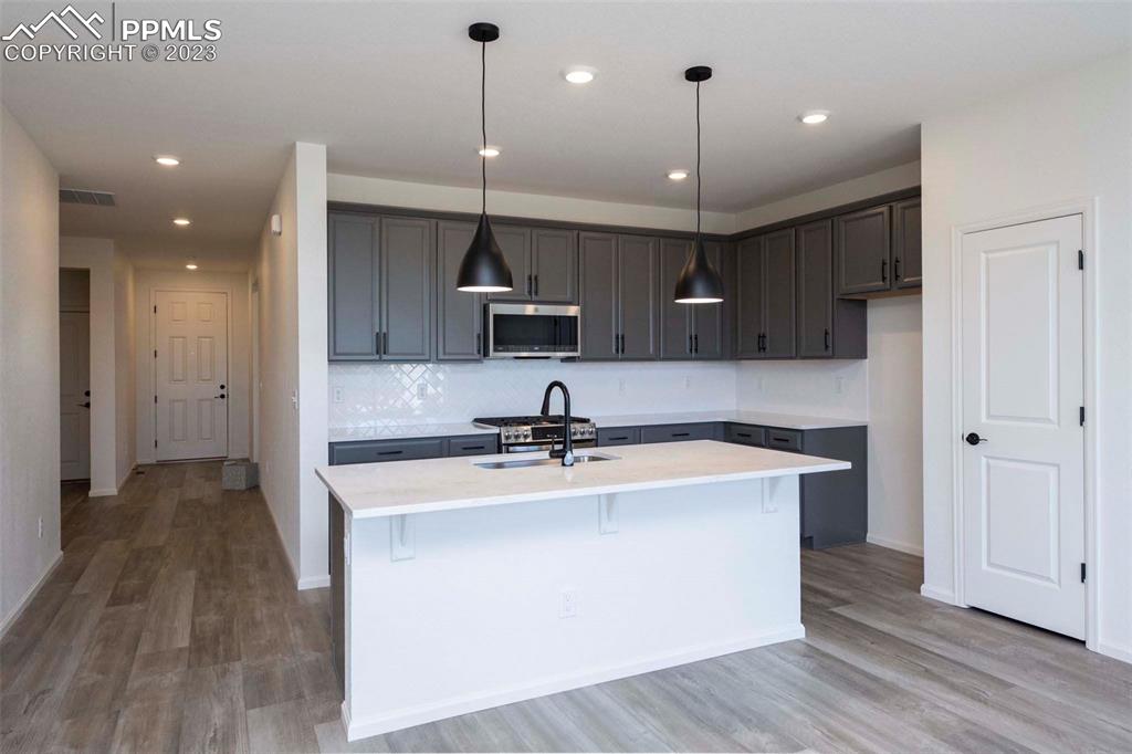 2045 Peachleaf Loop Castle Rock, CO 80108 - Photo 15 of 21 a large kitchen with stainless steel appliances granite countertop a sink a stove and a wooden floors
