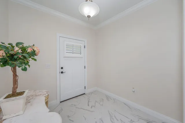 a view of a small space with wooden floor and a potted plant