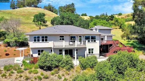 a aerial view of a house with a yard plants and large tree