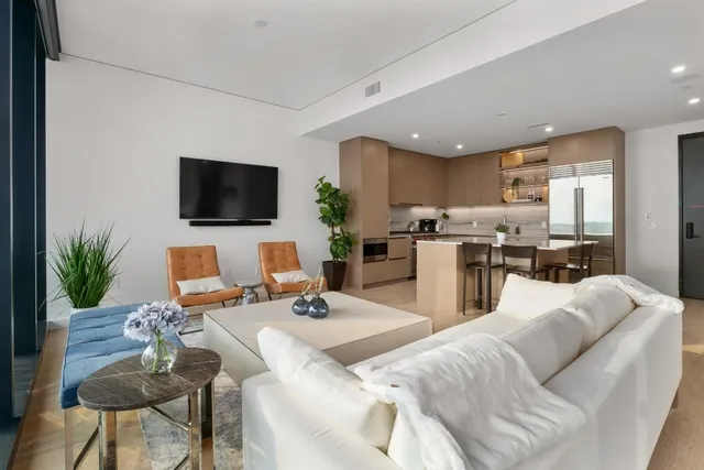 a view of a dining room with furniture