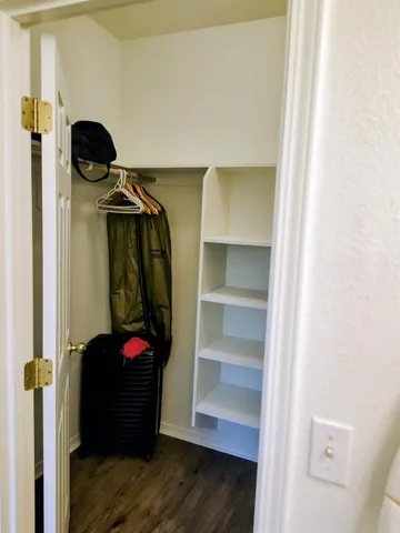 a view of walk in closet with clothes and shoes