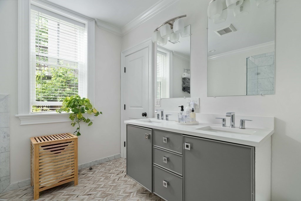 55 Addington Road, Unit 1 Brookline, MA 02445 - Photo 16 of 33 a bathroom with a sink a potted plant and a mirror