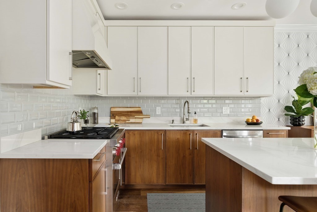 55 Addington Road, Unit 1 Brookline, MA 02445 - Photo 3 of 33 a kitchen with stainless steel appliances a sink a stove a refrigerator a sink a counter space and cabinets