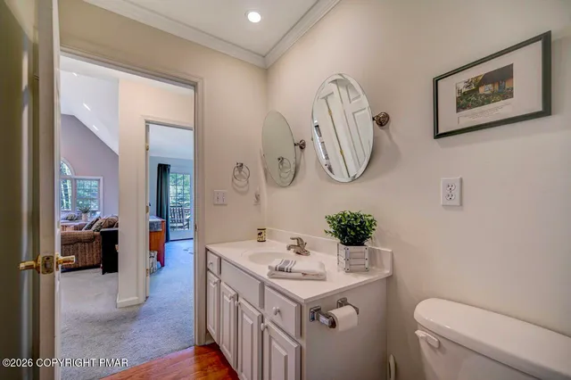 a bathroom with a sink mirror vanity and toilet