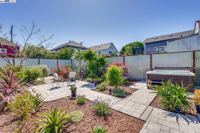 a view of a garden with a fountain