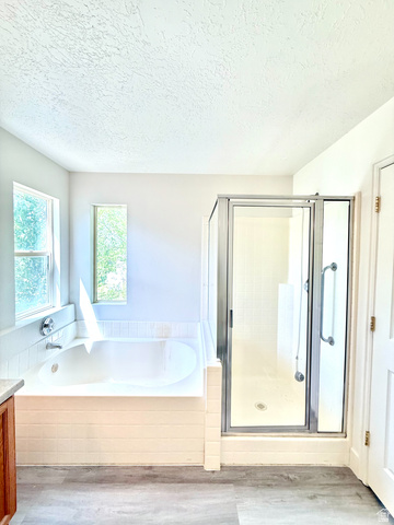 1705 80 East Tooele, UT 84074 - Photo 9 of 22 Bathroom with a built-in tub, separate glass-enclosed shower, wood-finish flooring, and two windows providing natural light