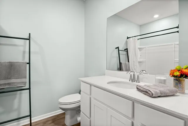 a bathroom with a sink a toilet and shower