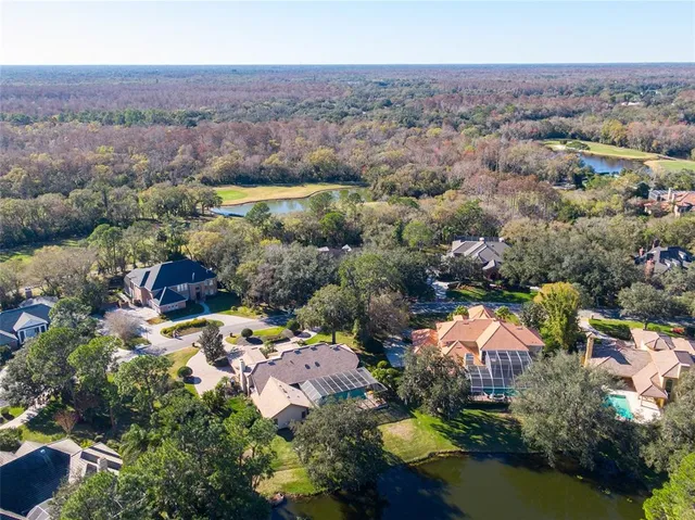 an aerial view of a houses with a lake