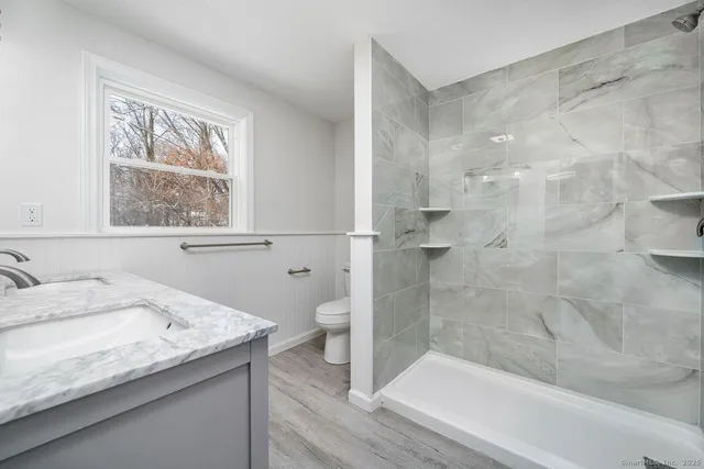 a bathroom with a granite countertop sink a toilet and shower