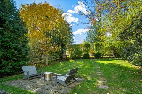 a view of a garden with a bench