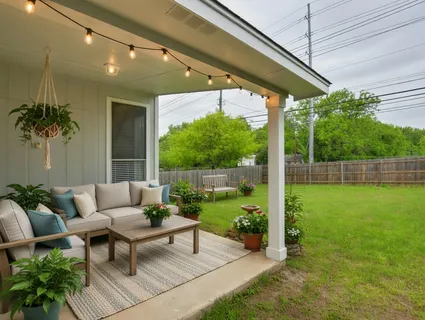a living room with furniture and a garden