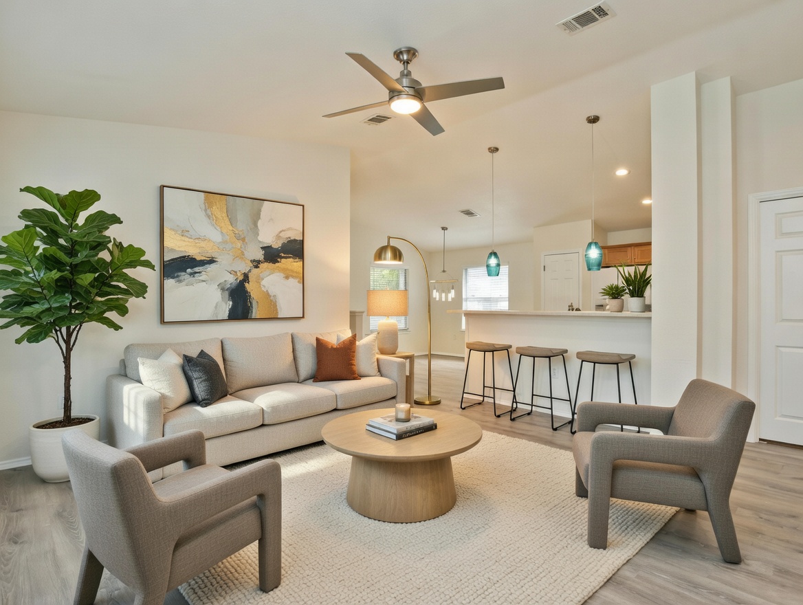 512 Shep Street Austin, TX 78748 - Photo 2 of 16 Living room featuring ceiling fan, lofted ceiling, light wood-type flooring, and recessed lighting