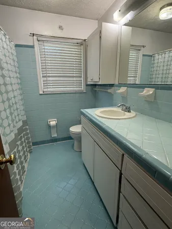 a bathroom with a sink a toilet and mirror