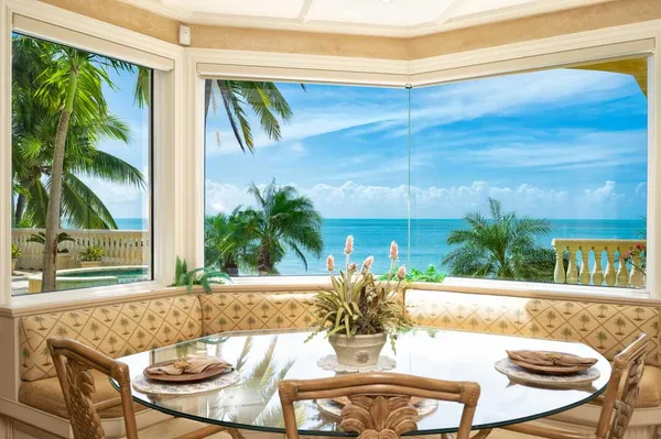 a view of a dining room with furniture window and outside view