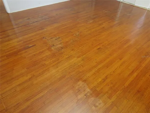 a view of empty room with wooden floor