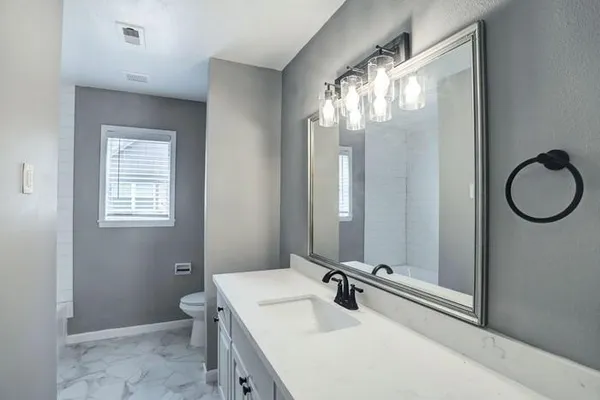 a bathroom with a sink a toilet and a mirror