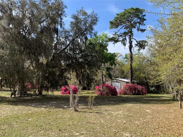 a view of a house with a backyard and a porch