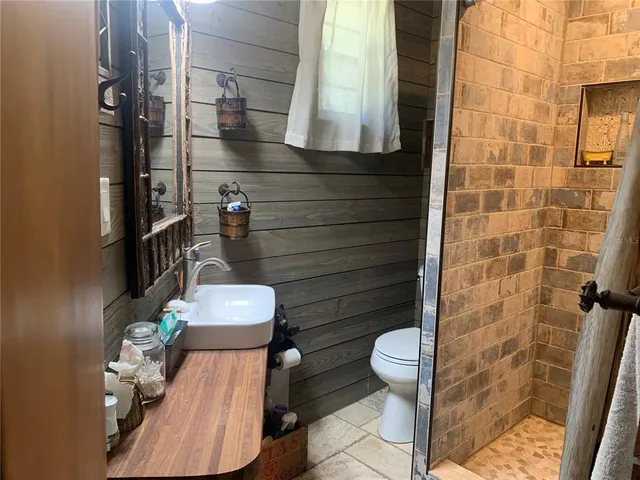 a view of a yard with plants and trees