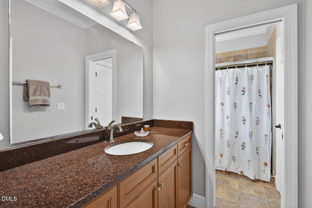 10775 Buffalo Creek Road Rougemont, NC 27572 - Photo 40 of 65 a bathroom with a granite countertop sink and a mirror