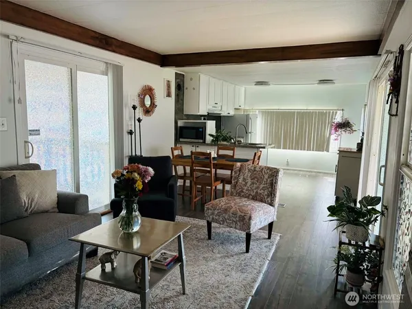 a living room with furniture potted plant and a window