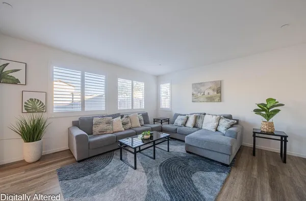 a living room with furniture and a potted plant
