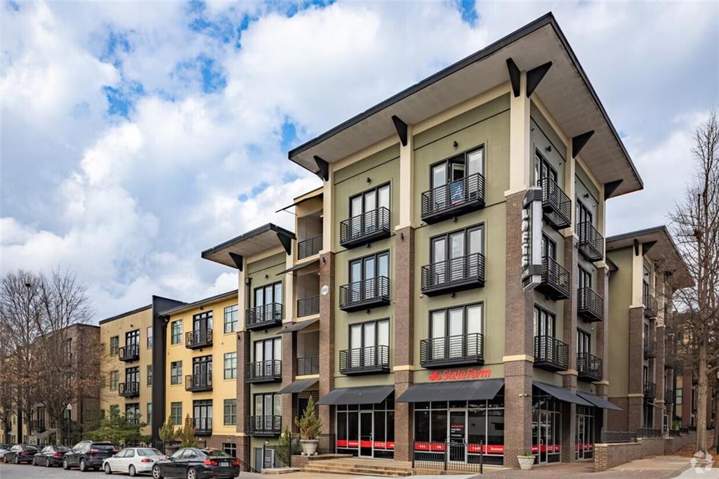 a front view of a multi story building