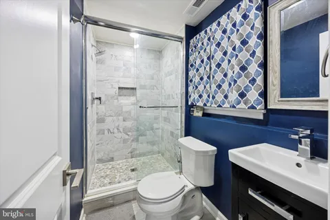 a bathroom with a sink a toilet a shower and a mirror