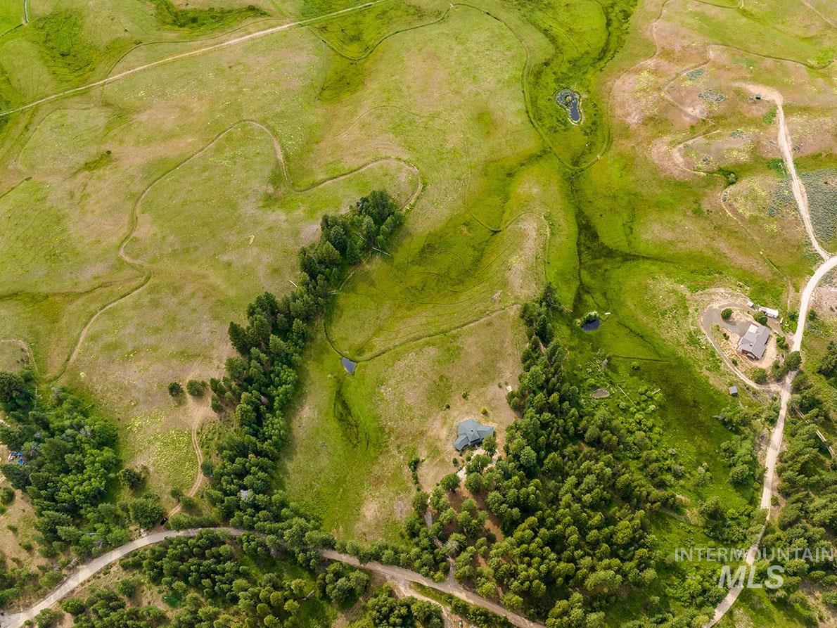 10885 Callender Road Cascade, ID 83611 - Photo 7 of 31 Expansive verdant landscape featuring scattered tree clusters, natural water features, and unpaved access roads