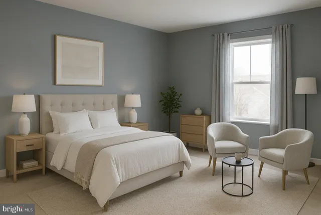 a bedroom with a bed a chandelier and a dresser