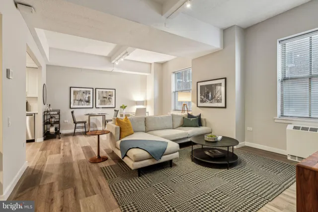 a living room with furniture a rug and a window