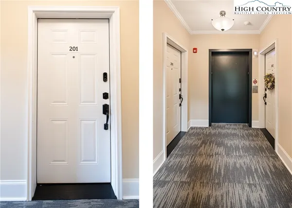 a view of a hallway with wooden floor and closet area