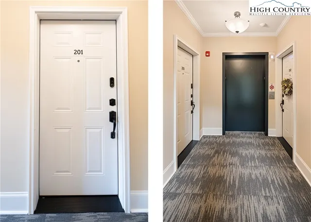 a view of a hallway with wooden floor and closet area