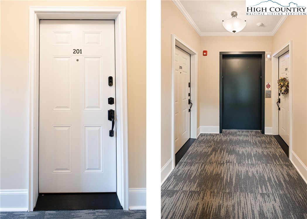 155 Gateway Drive, Unit 201 Boone, NC 28607 - Photo 5 of 23 a view of a hallway with wooden floor and closet area
