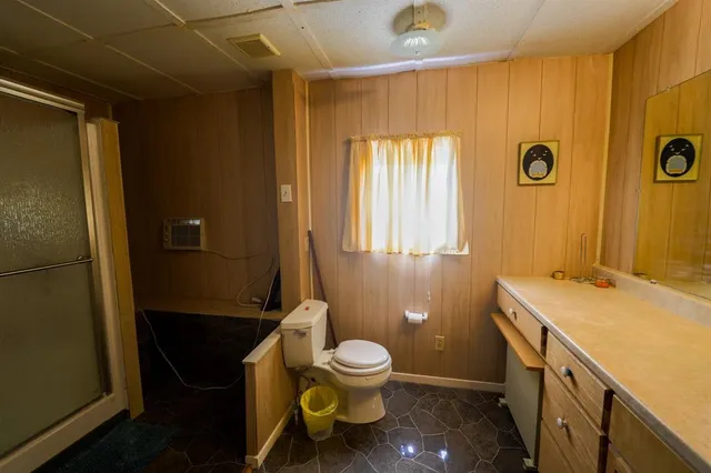 a bathroom with a granite countertop sink toilet and shower