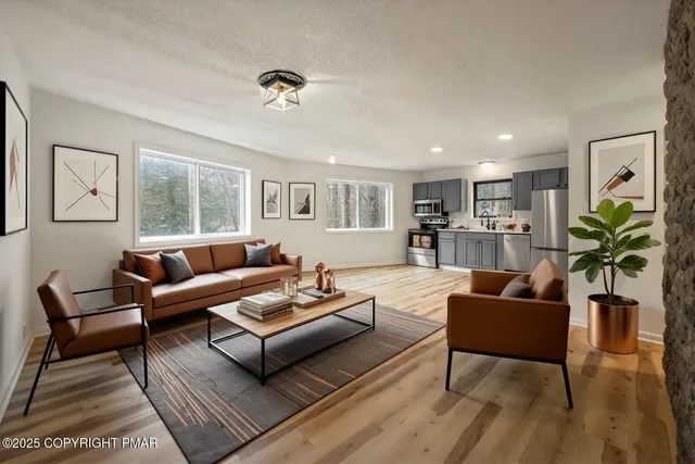 a living room with furniture potted plant and a window