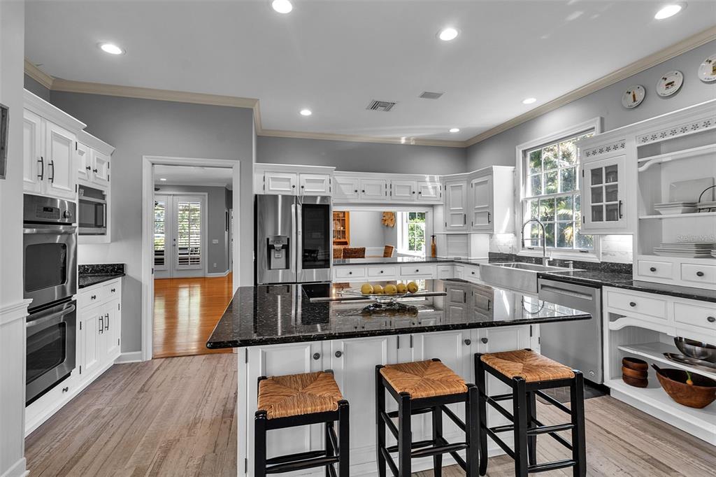 156 Bishopscourt Road Osprey, FL 34229 - Photo 36 of 84 a kitchen with stainless steel appliances kitchen island granite countertop a table chairs sink and cabinets