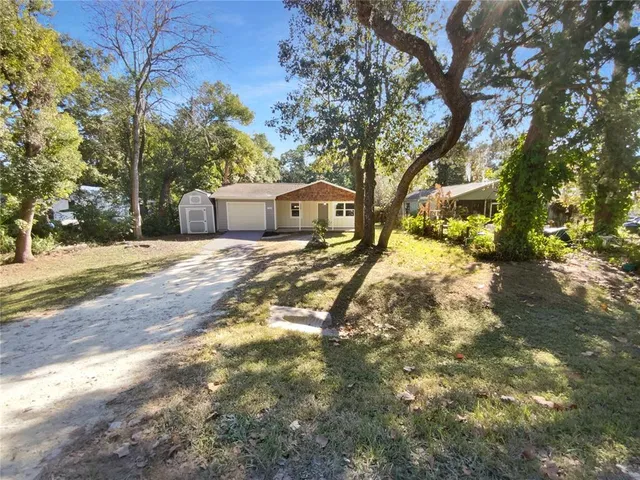a view of a yard with plants and trees