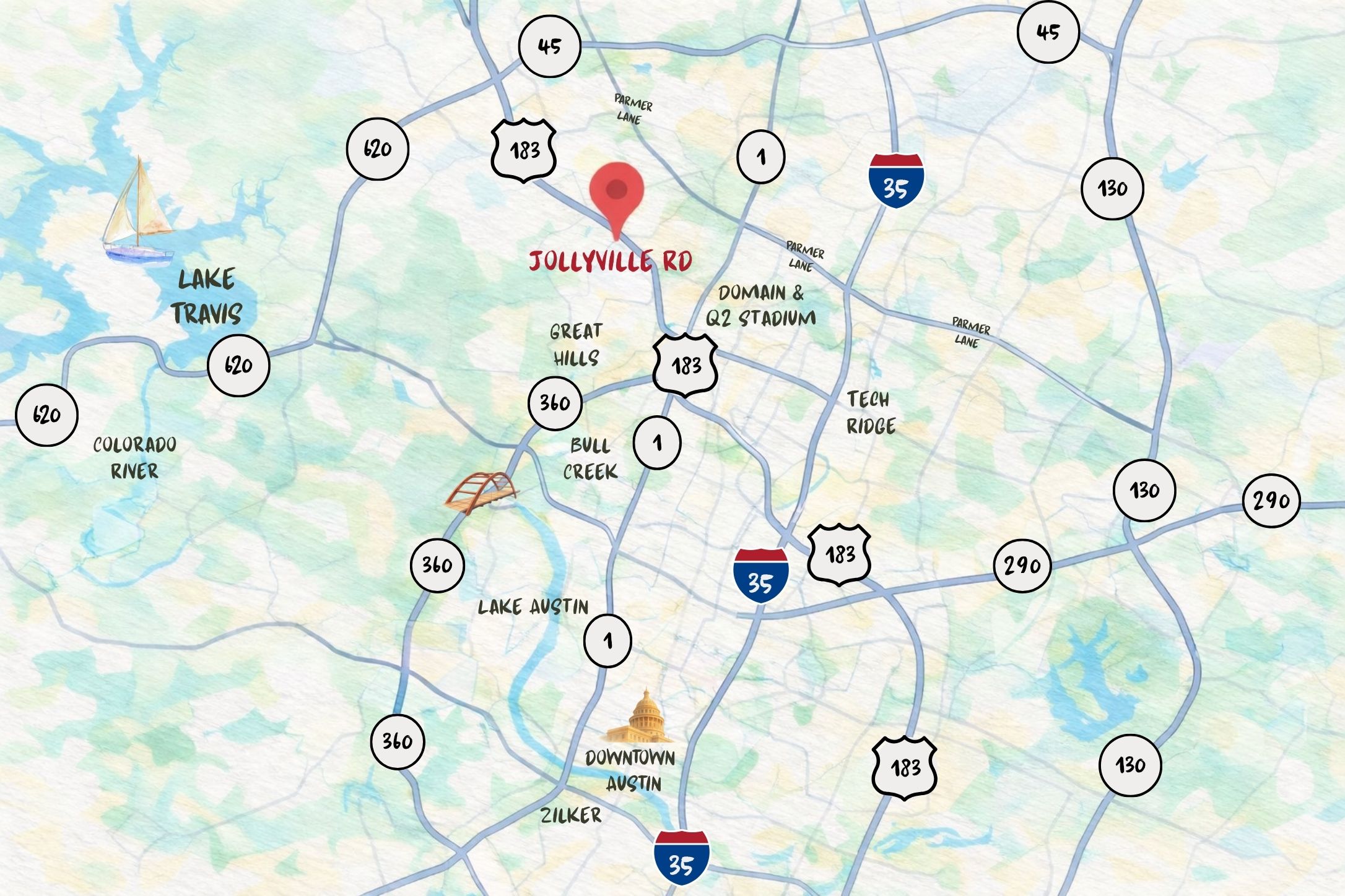 11970 Jollyville Road, Unit 104 Austin, TX 78759 - Photo 21 of 22 AI maps/images showing approximate locations/drive times of nearby attractions.