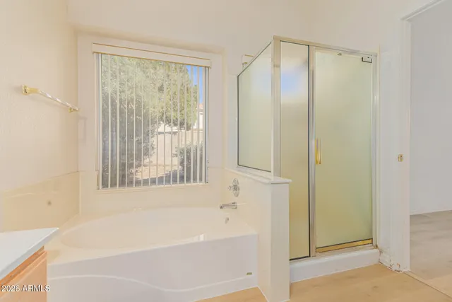 a bathroom with a bathtub and a shower