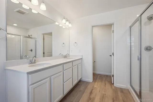 a bathroom with a double vanity sink mirror and shower