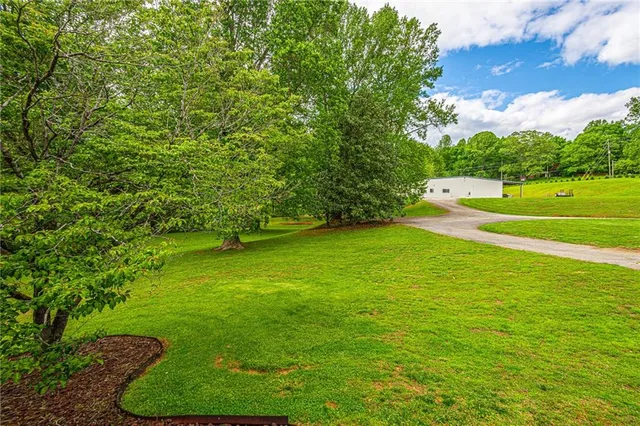 a yard with lots of green space and trees