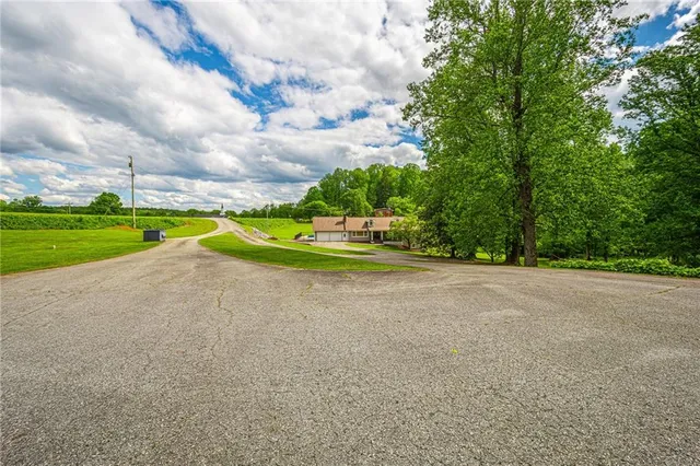 a view of a yard and swimming pool