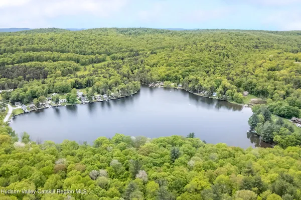 an aerial view of residential houses with outdoor space and lake view