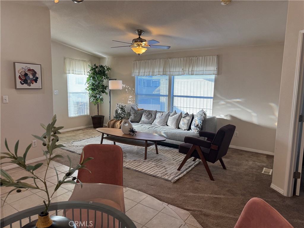 a living room with furniture and a potted plant