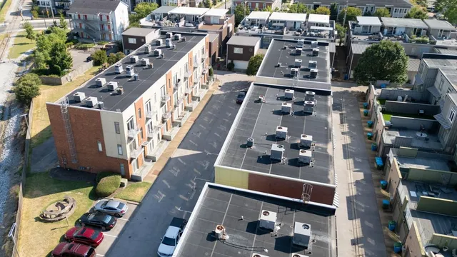 a city view with tall buildings