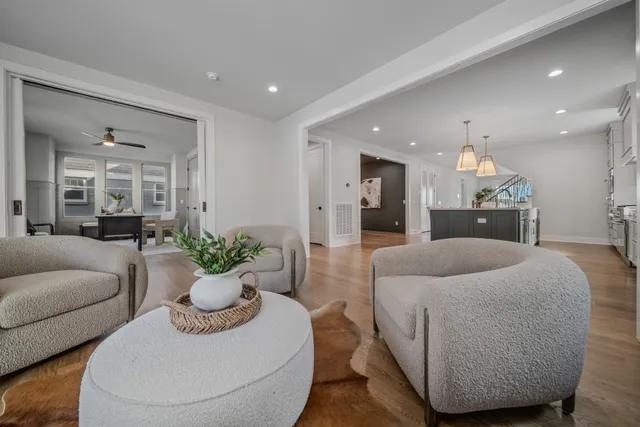 a living room with furniture and a potted plant