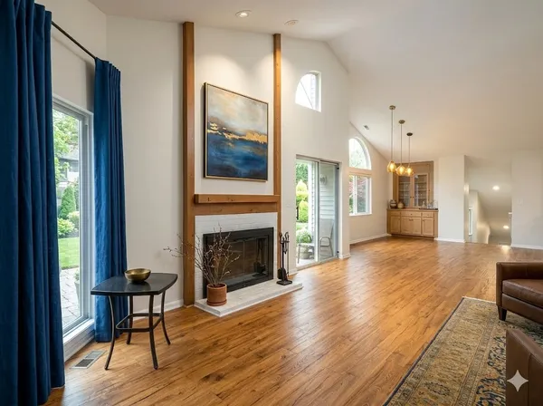 a view of a livingroom with furniture and a fireplace