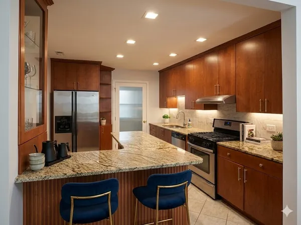 a kitchen with granite countertop kitchen island cabinets and refrigerator
